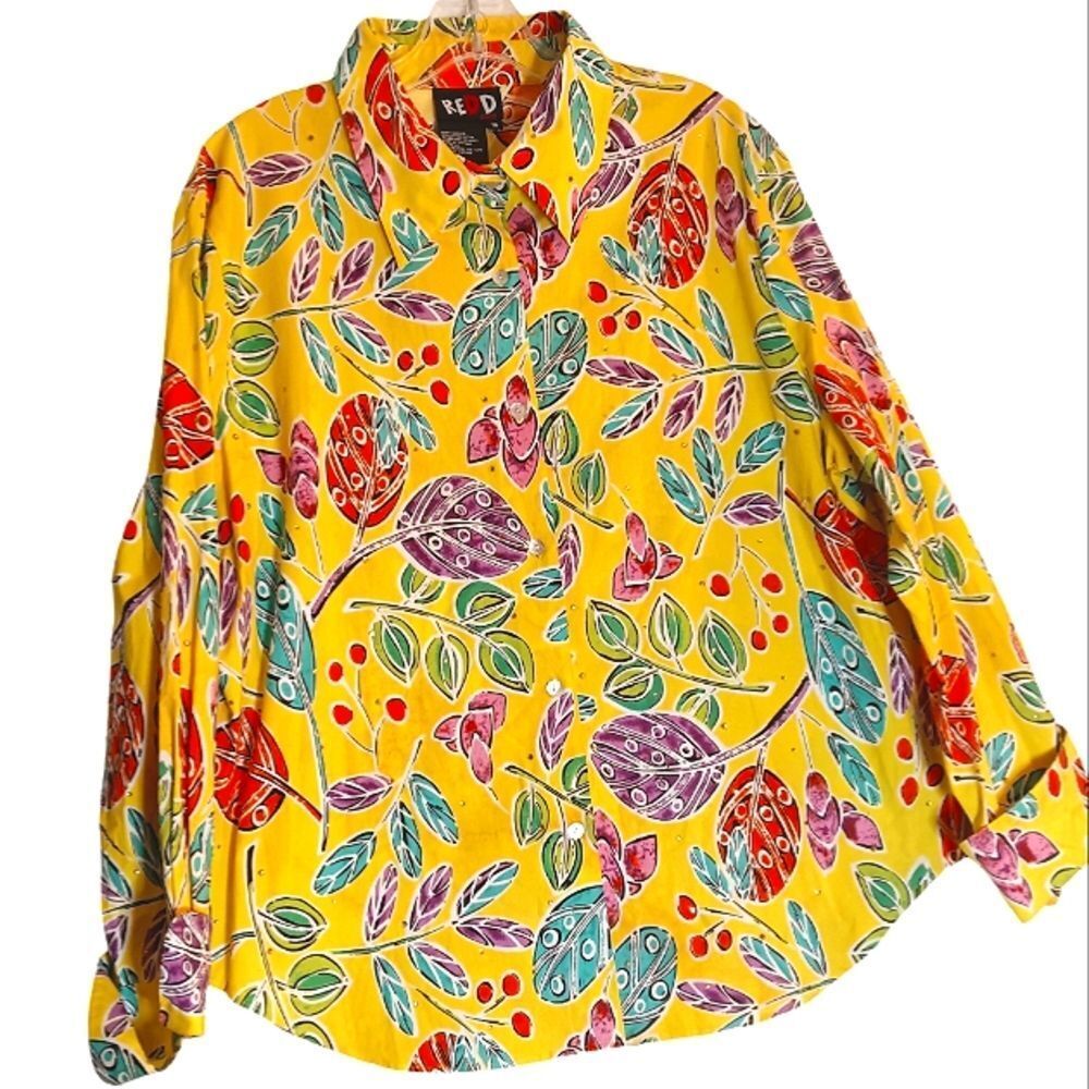 REDD Jeans Aloha Floral Yellow Leaf Art to Wear Button Down Women's Shirt 16